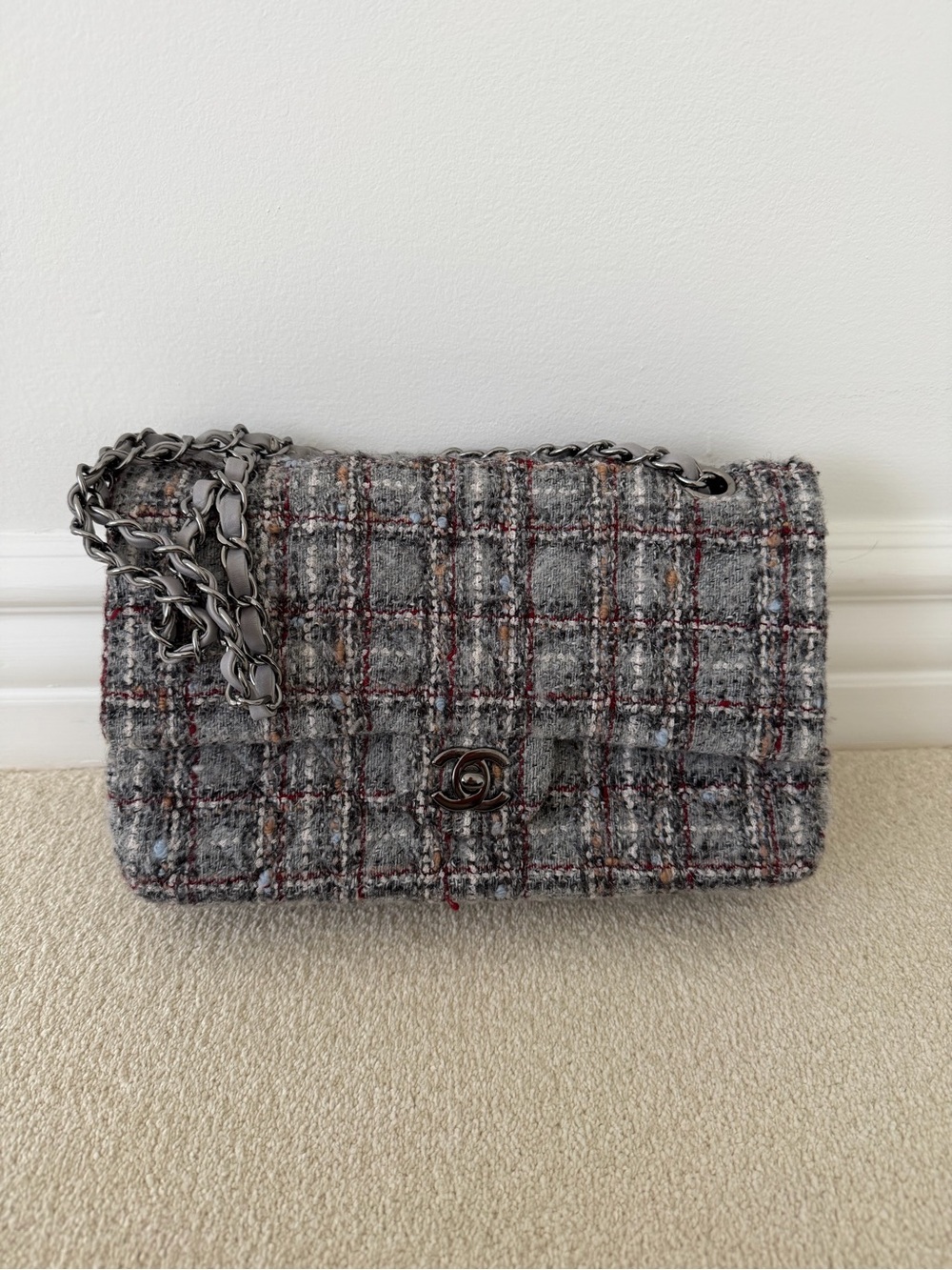 Chanel Tweed Quilted Medium Double Flap grey burgendy Handbag